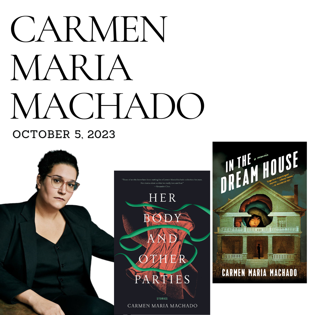 Carmen Maria Machado headshot with the covers of her books
