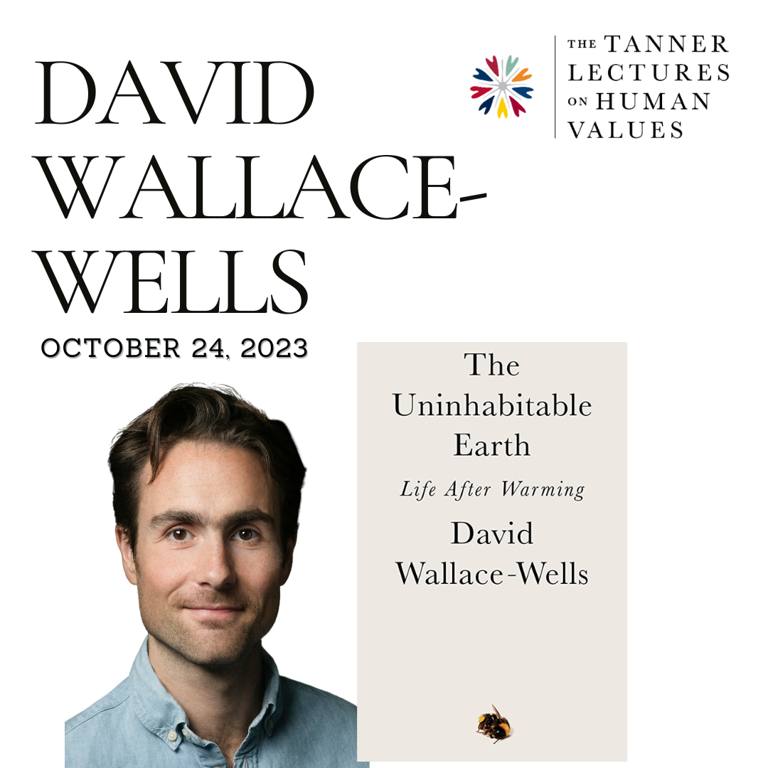 David Wallace-Wells headshot with the cover of his book