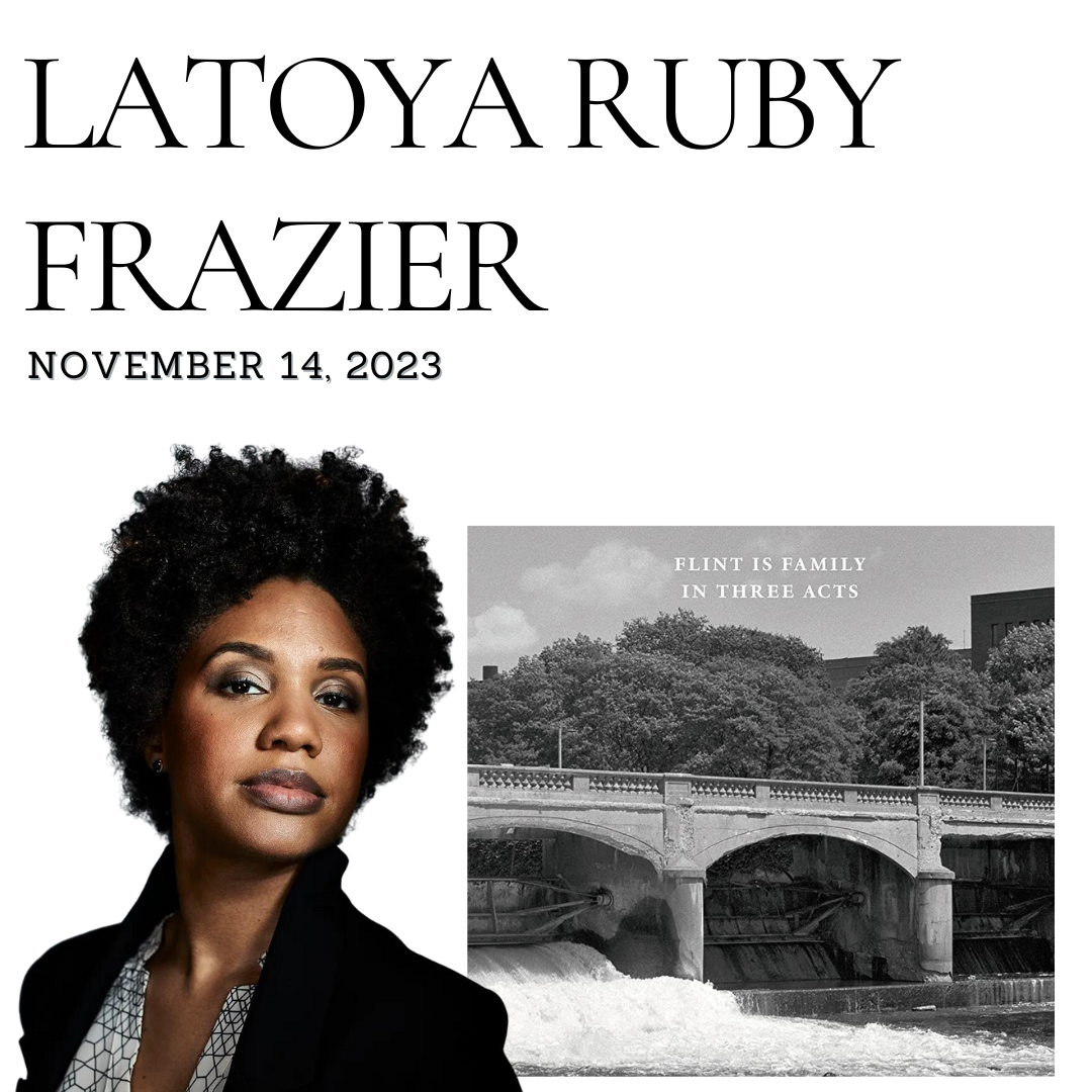 Latoya Ruby Frazier headshot with the cover of her book "Flint is Family in Three Acts"