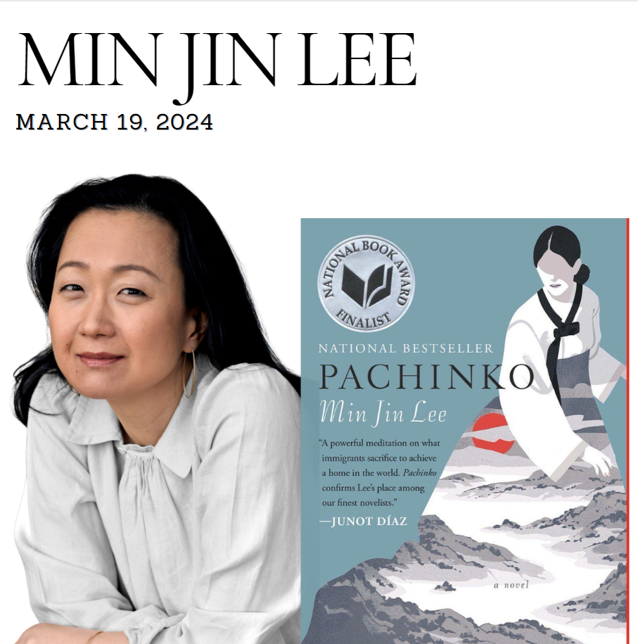 Min Jin Lee headshot with the cover of her book "Pachinko"